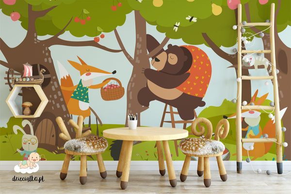 animals pick fruit from trees - children’s wall mural