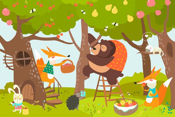 animals pick fruit from trees - children’s wall mural