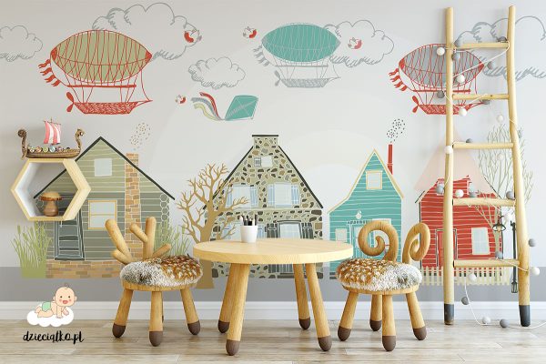 colorful houses and airships above them - children’s wall mural