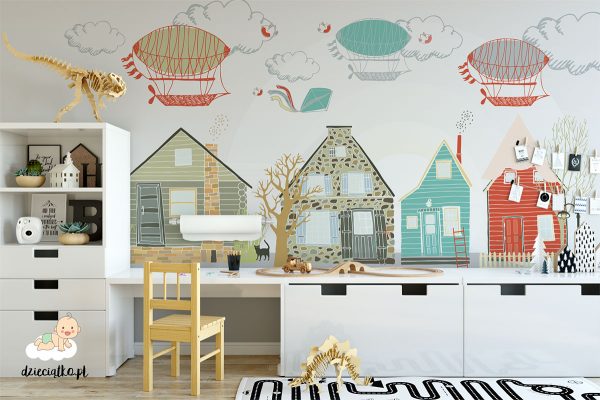 colorful houses and airships above them - children’s wall mural