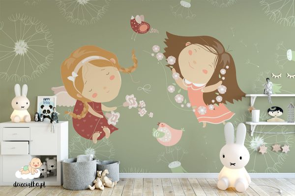 happy girls playing on spring flowers - children’s wall mural