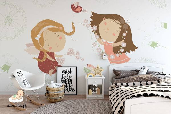 happy girls playing on spring flowers - children’s wall mural