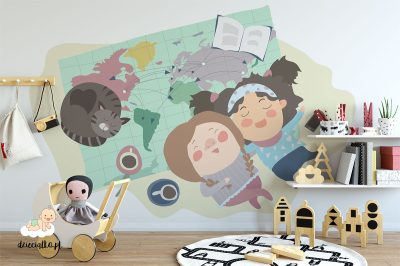 girls with a cat lounging on the map - children’s wall mural