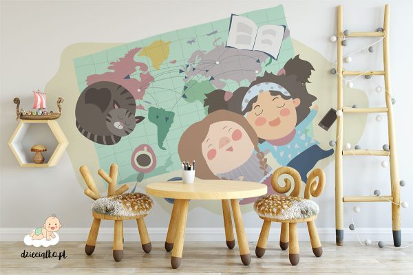 girls with a cat lounging on the map - children’s wall mural