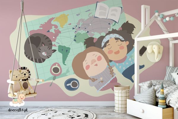 girls with a cat lounging on the map - children’s wall mural