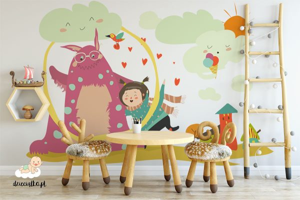 girl is dancing with a colorful monster - children’s wall mural