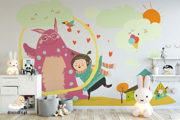 girl is dancing with a colorful monster - children’s wall mural