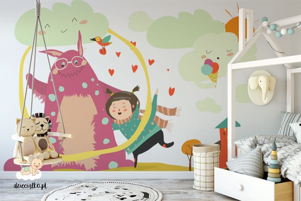 girl is dancing with a colorful monster - children’s wall mural