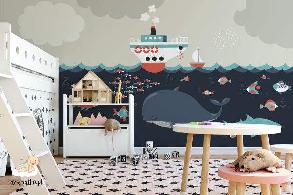 underwater ocean fauna and ships on waves - children’s wall mural