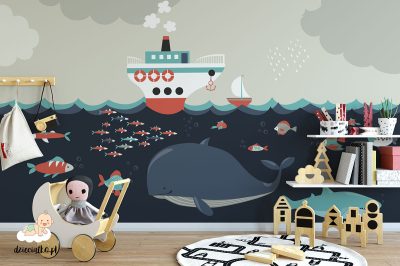 underwater ocean fauna and ships on waves - children’s wall mural