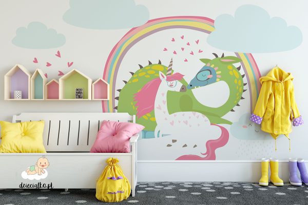 colorful dragons under a rainbow - children’s wall mural