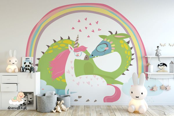 colorful dragons under a rainbow - children’s wall mural