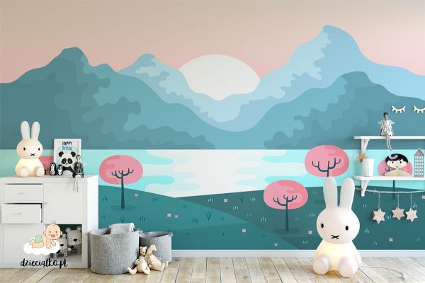 mountain lake at sunset - children’s wall mural