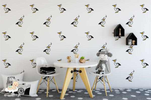 pattern of young pelicans on a white background - children’s wall mural