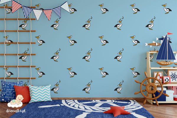 pattern of young pelicans on a white background - children’s wall mural