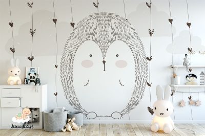 large cute hedgehog with clouds in the background - children’s wall mural