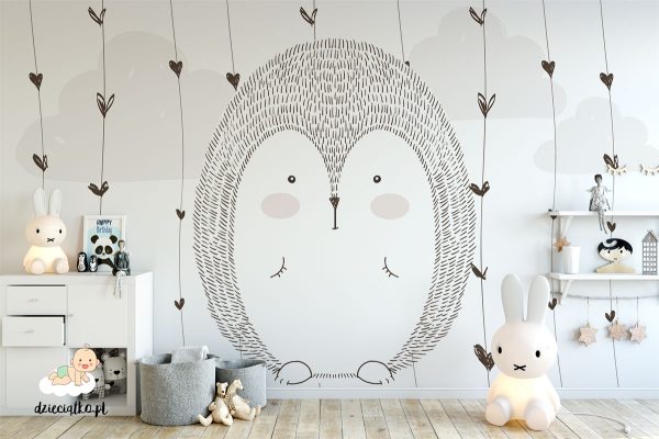 large cute hedgehog with clouds in the background - children’s wall mural