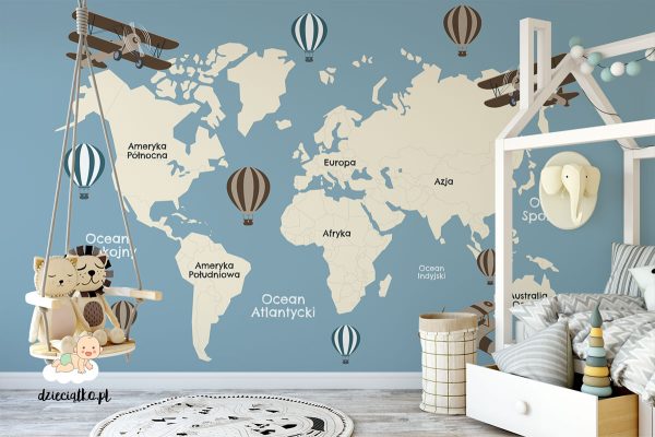 biplanes and balloons over the world map - children’s wall mural