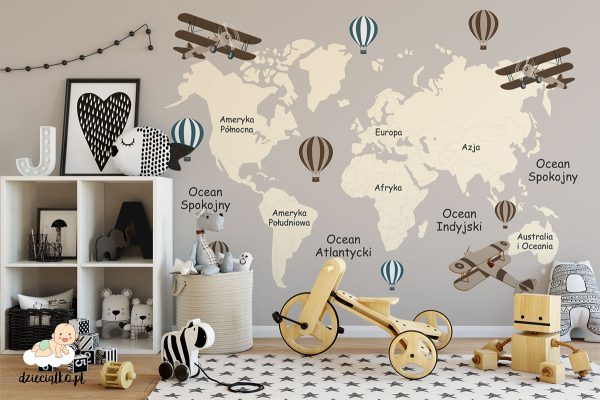 biplanes and balloons over the world map - children’s wall mural