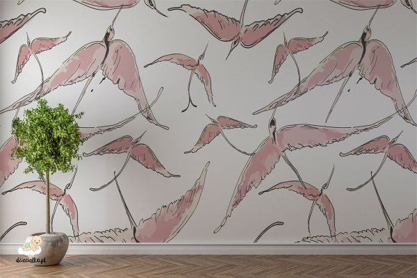 pink birds in flight on a light background - wall mural