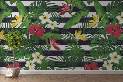 leaves and flowers on black white background - wall mural