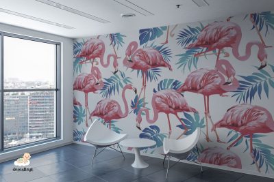 pink flamingos among blue leaves - wall mural
