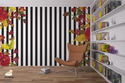 black and white vertical stripes and colorful leaves - wall mural