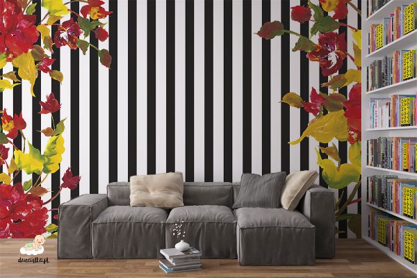 black and white vertical stripes and colorful leaves - wall mural
