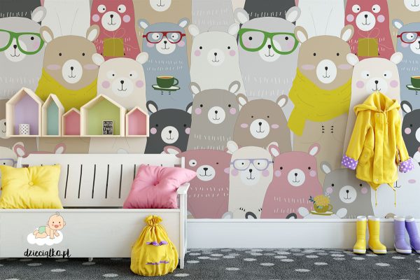 colorful teddy bears all over a wall - children’s wall mural