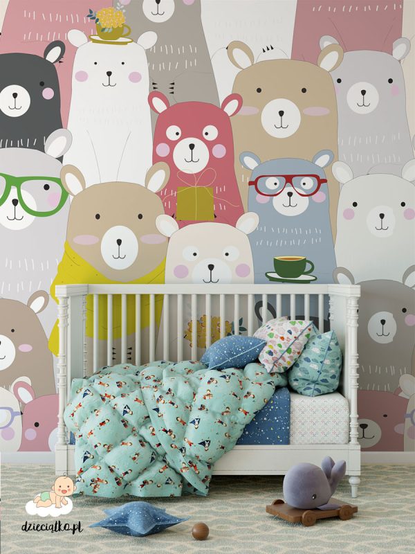 colorful teddy bears all over a wall - children’s wall mural