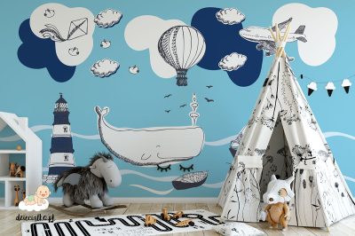 sea, lighthouse, whale, boats, clouds, plane, balloon - children’s wall mural
