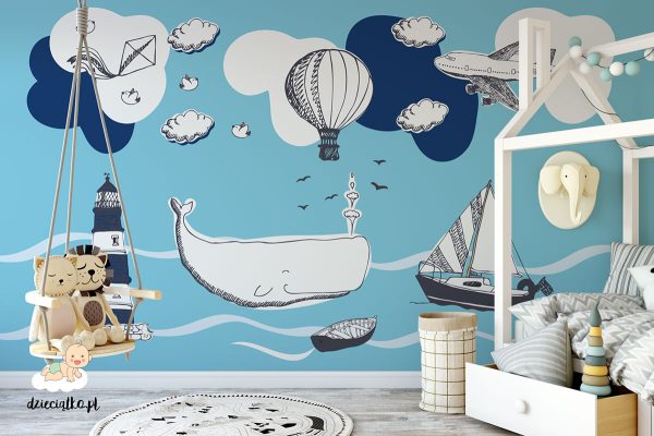 sea, lighthouse, whale, boats, clouds, plane, balloon - children’s wall mural