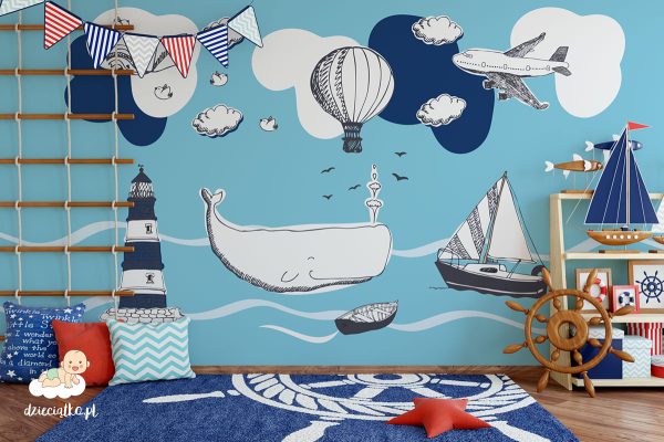 sea, lighthouse, whale, boats, clouds, plane, balloon - children’s wall mural