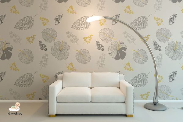 various types of leaves with golden accents on a light background - wall mural