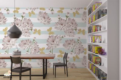 golden butterflies and bright flowers on a blue white background - wall mural