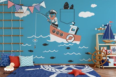 sailor is catching fish from a boat in the blue sea - children’s wall mural