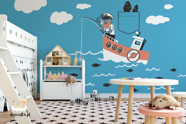 sailor is catching fish from a boat in the blue sea - children’s wall mural