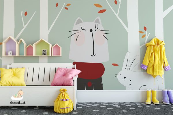 kitten and rabbit among the white trees - children’s wall mural