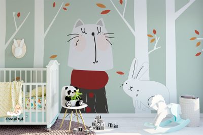 kitten and rabbit among the white trees - children’s wall mural