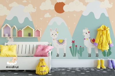 dressed-up llamas in front of milky peaks - children’s wall mural