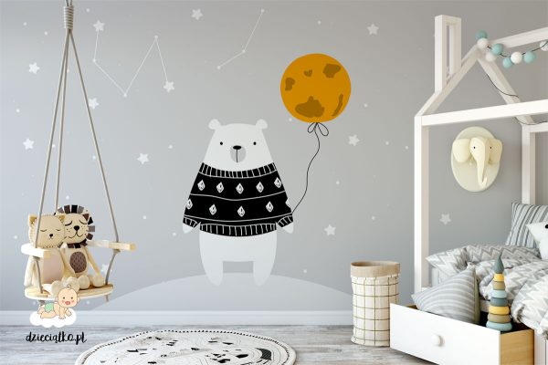 teddy bear in a sweater with a balloon on the background of stars - children’s wall mural