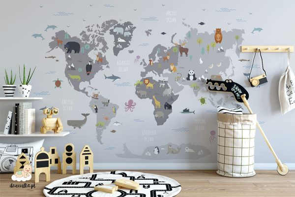 animals on the world map - children’s wall mural