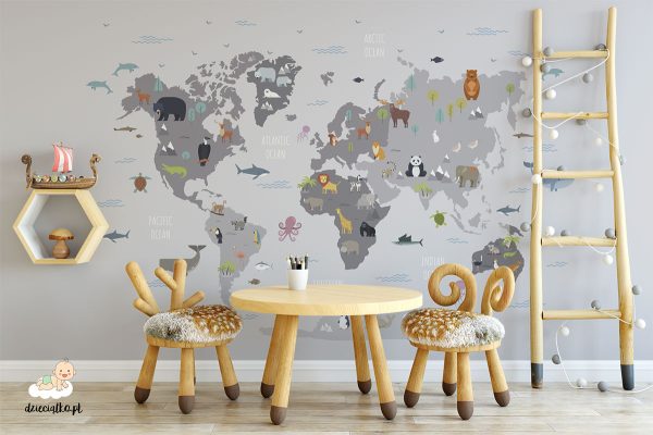 animals on the world map - children’s wall mural