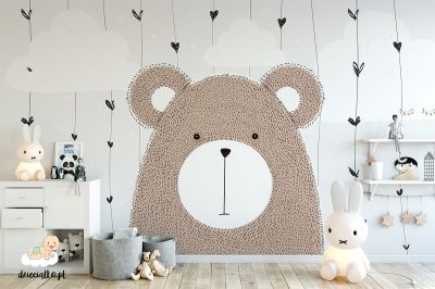 brown teddy bear big head with clouds in the background - children’s wall mural