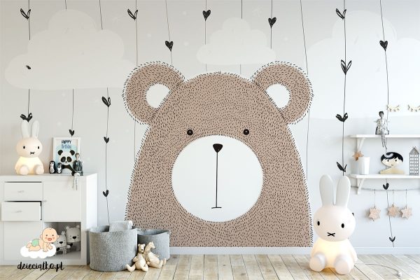 brown teddy bear big head with clouds in the background - children’s wall mural