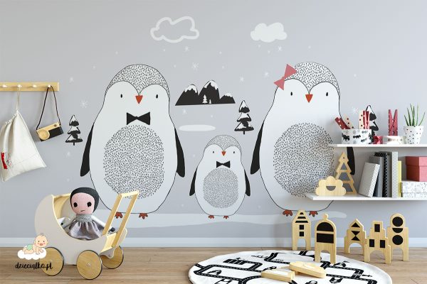 penguin family with bows - children’s wall mural