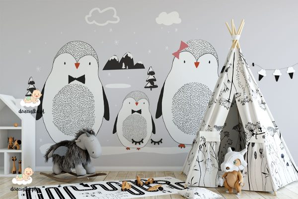 penguin family with bows - children’s wall mural