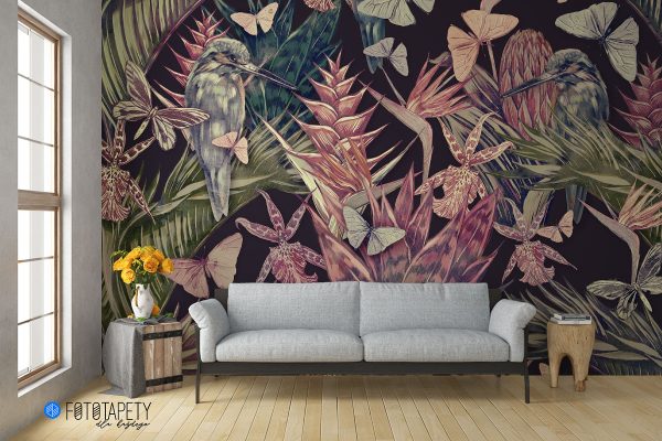 Birds and butterflies among leaves - wall mural