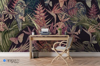 Birds and butterflies among leaves - wall mural