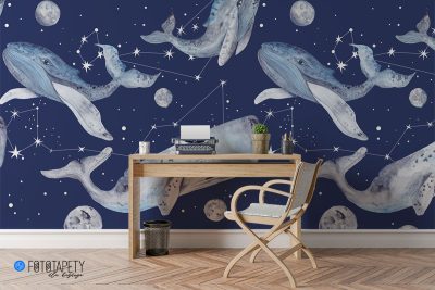 whales on the background of the starry sky - wall mural